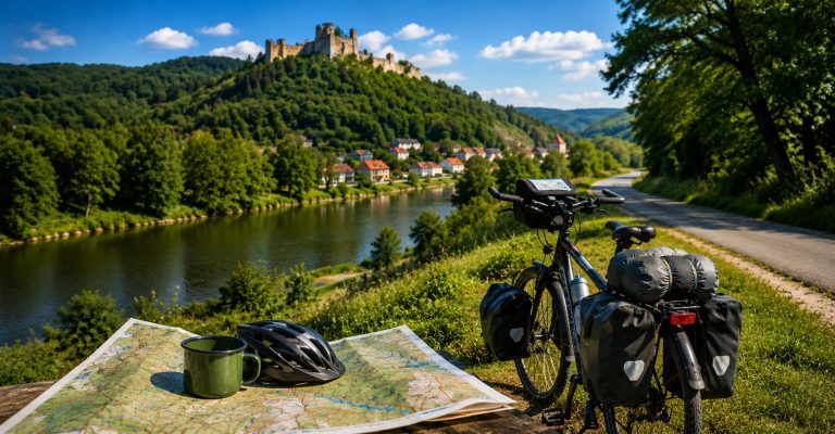 Kolo s braskami a mapa na vyletni trase pode rieky, v pozadi hrad a ceska vesnice