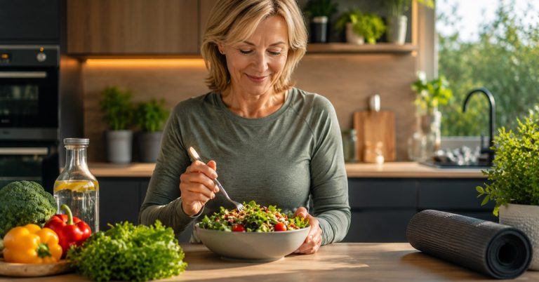 Žena po padesátce jí zdravý salát v kuchyni — metabolismus po 50