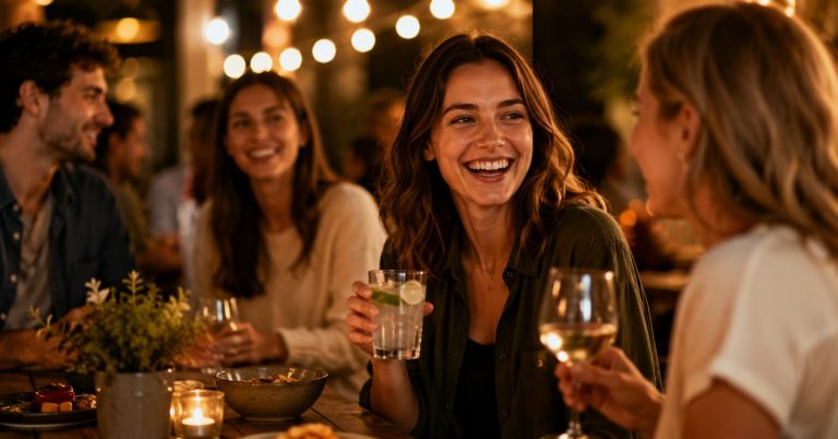 Pratele se smejici u vecerniho stolu — sober curious spolecensky zivot bez alkoholu