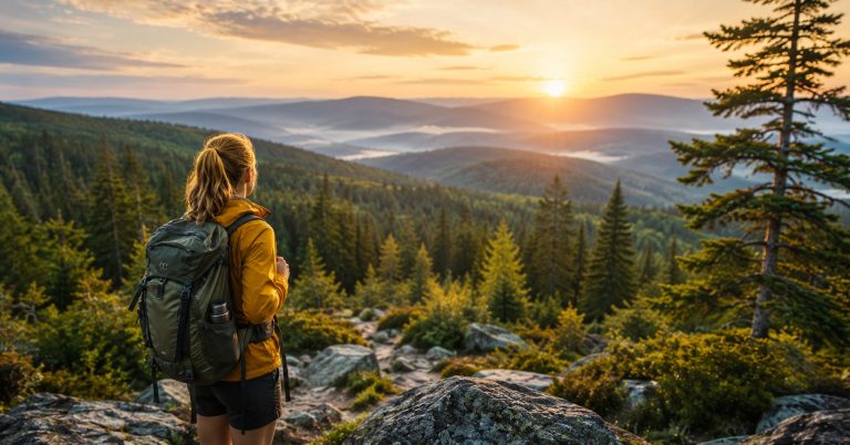 Šumava pěšky — turistka s batohem při východu slunce