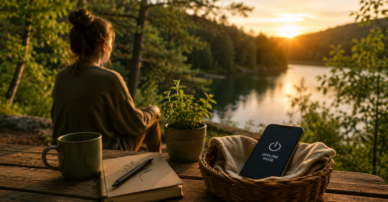 Digitální detox — telefon v režimu offline, žena relaxuje u jezera v přírodě
