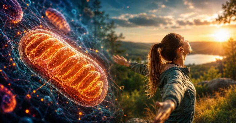 Vizualizace mitochondrie s modrozlatými energetickými vlákny — žena s rozpaženými pažemi v přírodě při západu slunce