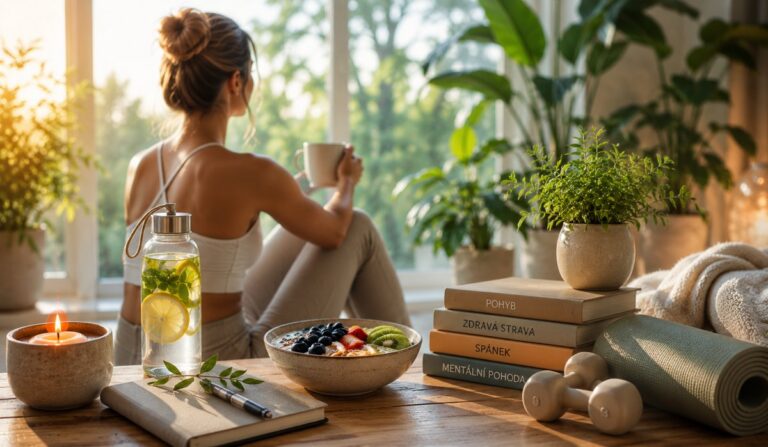 Ranní wellness rutina — žena s kávou u okna, miska s ovocem, knihy o pohybu, stravě, spánku a mentální pohodě