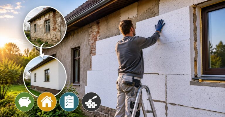 Zateplení starého domu svépomocí: jak na to levně a bez chyb Zateplení starého domu svépomocí — pokládka polystyrenových desek na fasádu