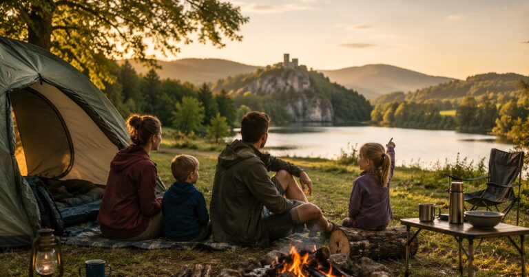 Kempování s dětmi v Česku – rodina u stanu a ohniště s výhledem na jezero a hrad