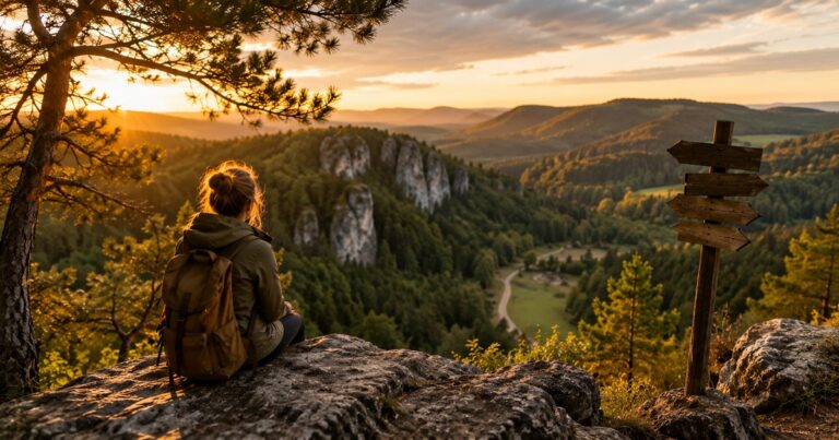 Skryté destinace v Česku bez davů turistů – žena s batohem sedí na skále a pozoruje krajinu při zlaté hodině