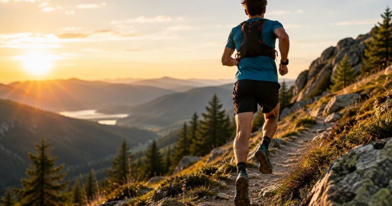 Trail running pro začátečníky – muž běží po horské stezce při západu slunce