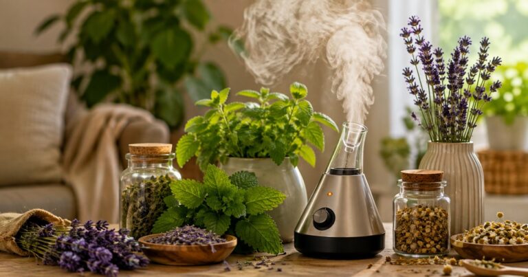 Vaporizace bylin doma – vaporizér obklopený levandulí, meduňkou a heřmánkem na dřevěném stole