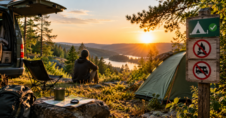 Wild camping v Česku legálně: kde nocovat a kde vás pokutují Wild camping v Česku — stan, mapa a západ slunce nad jezerem