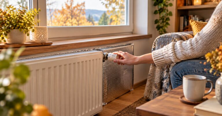 Ruka nastavuje termostatickou hlavici na radiátoru u okna s podzimní krajinou