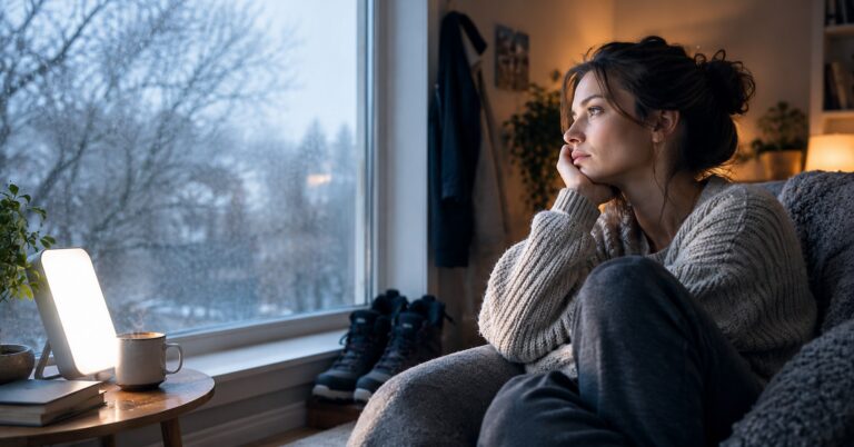 Sezonní deprese SAD: příznaky a 6 věcí co pomáhají bez léků Žena sedí u okna se světelnou lampou, venku zimní zasněžená krajina